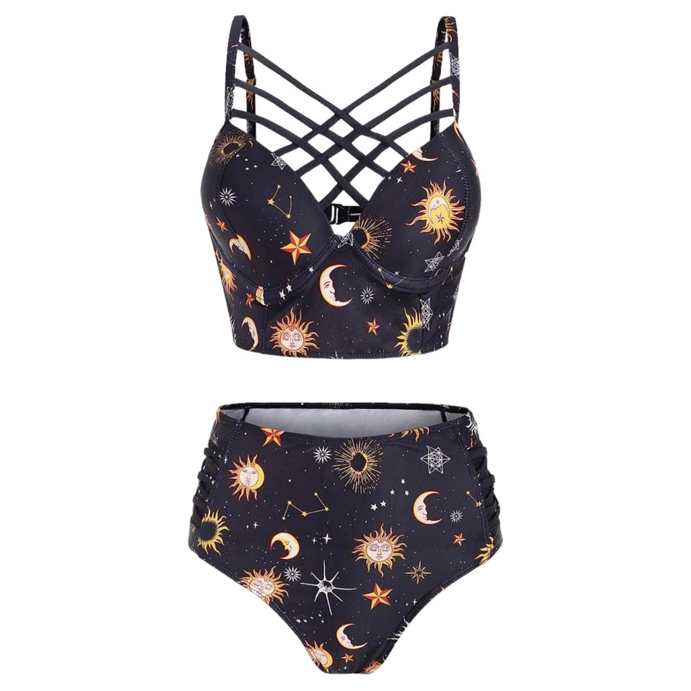 🌞NEW Women's Sun Star & Moon Lattice High Waisted Bikini Swimsuit🌞